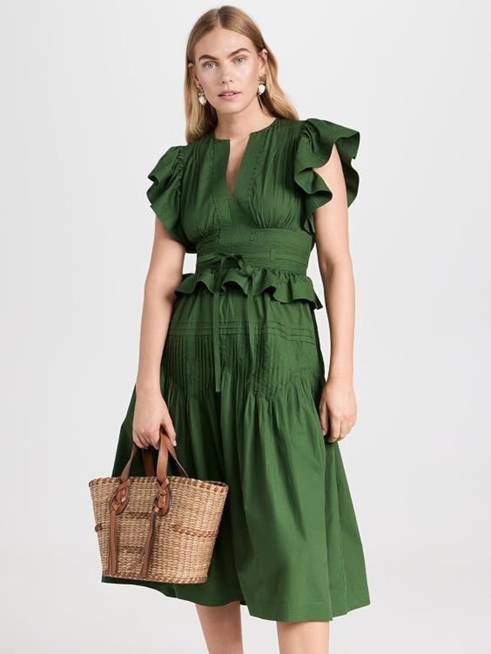 Ulla Johnson Florence Dress Juniper Green Cotton Ruffle Midi Size 4